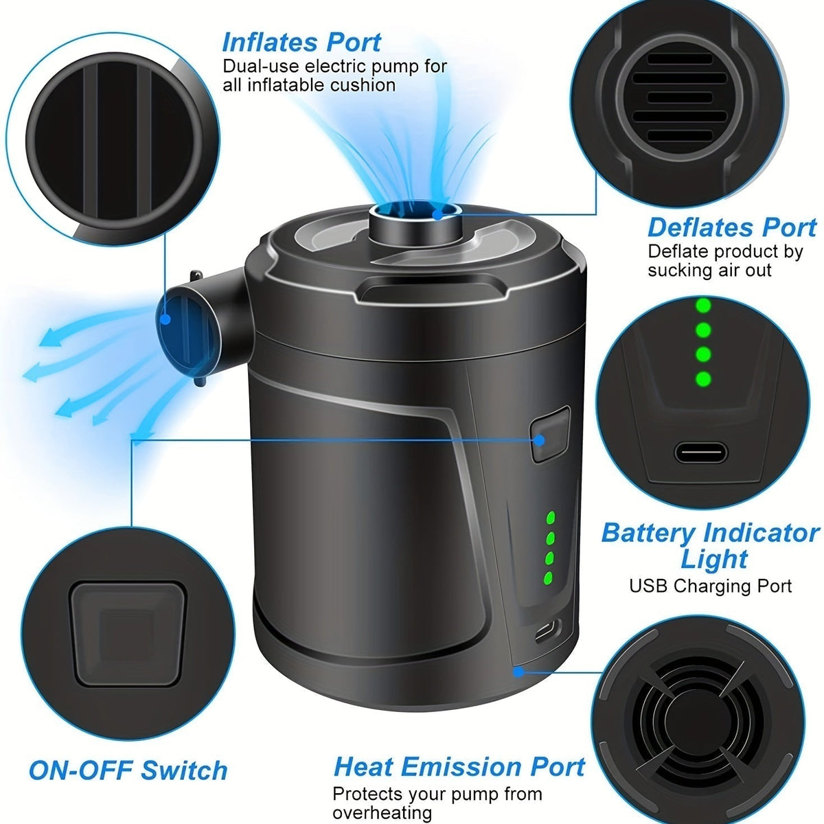 Air Pump USB Rechargeable Cordless Quick Inflation