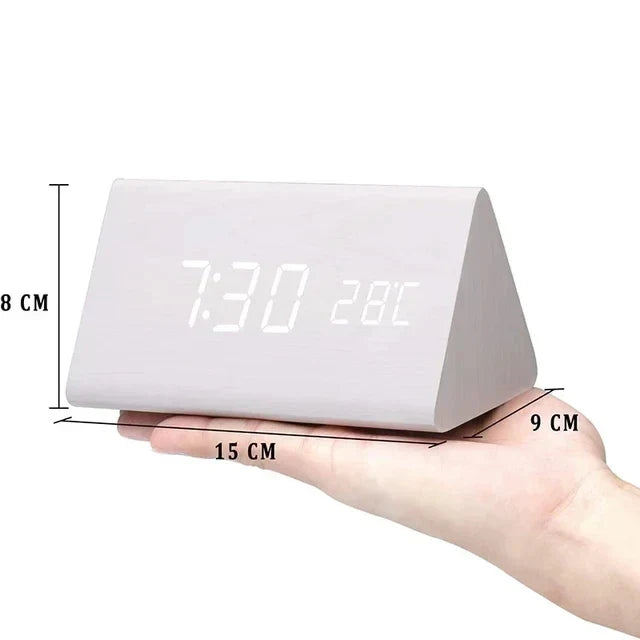 Alarm Clock Voice Control Wood Effect Temperature Display
