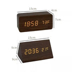 Alarm Clock Voice Control Wood Effect Temperature Display