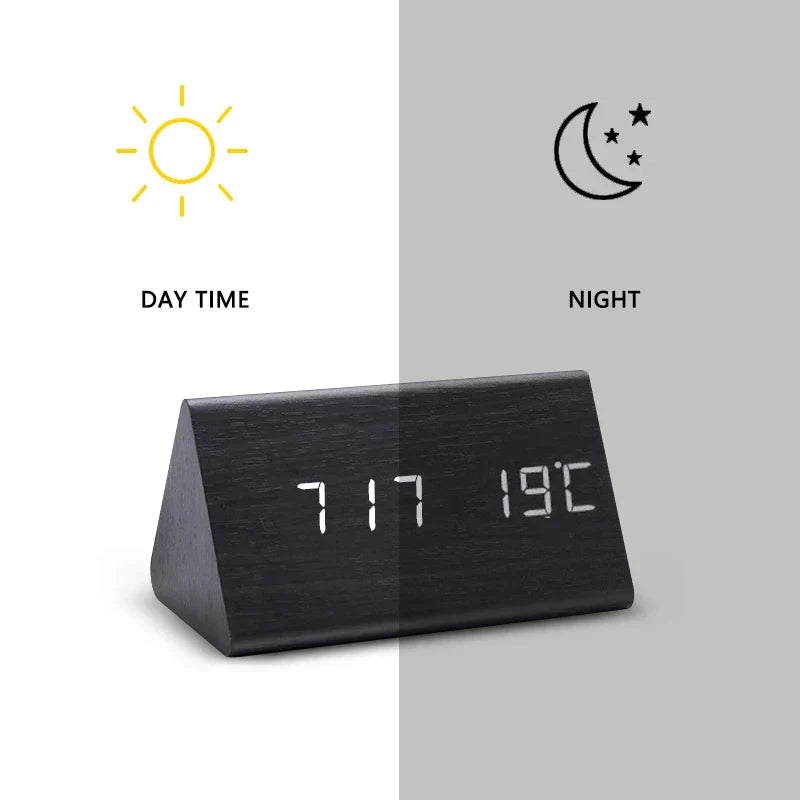 Alarm Clock Wood Finish Voice Control Temperature Display