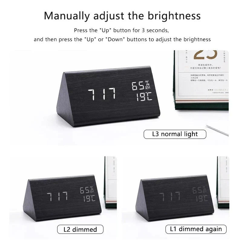 Alarm Clock Wood Finish Voice Control Temperature Display