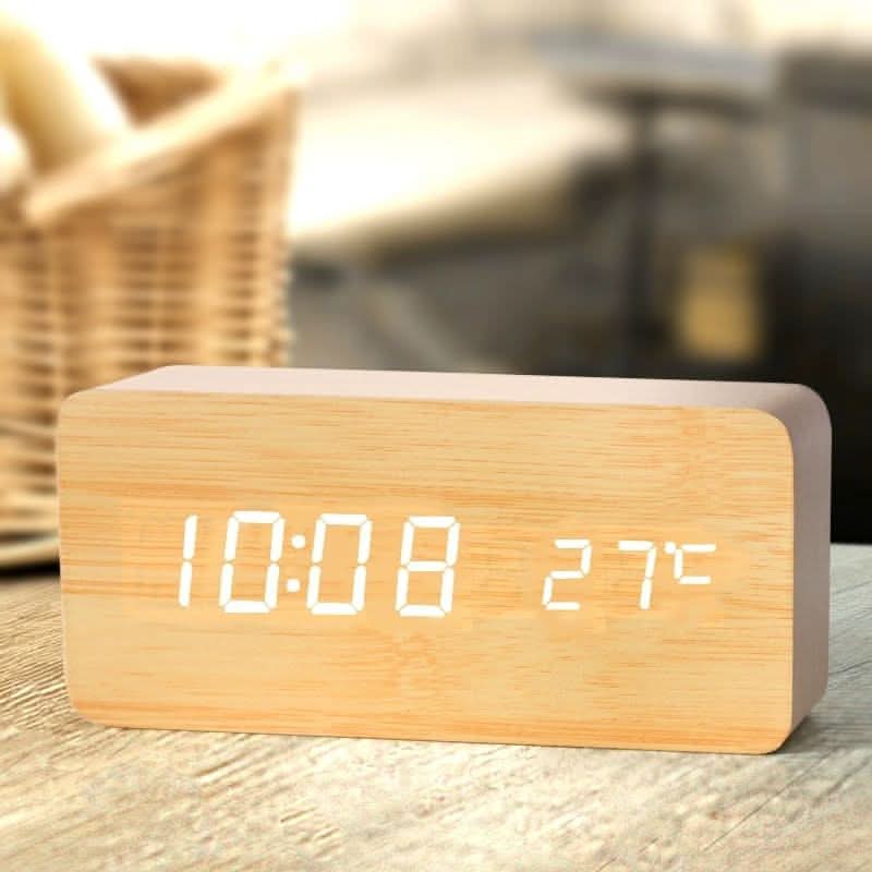 Alarm Clock Wooden LED Temperature Display