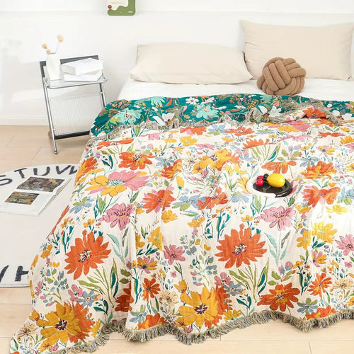 All-Season Floral Cotton Jacquard Blanket (Machine-Washable)