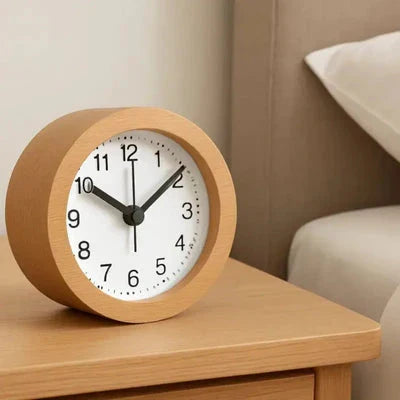 Analog Alarm Clock Silent Beech Wood LED Night Light