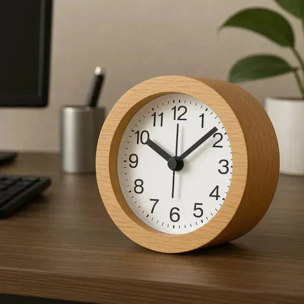 Analog Alarm Clock Silent Beech Wood LED Night Light