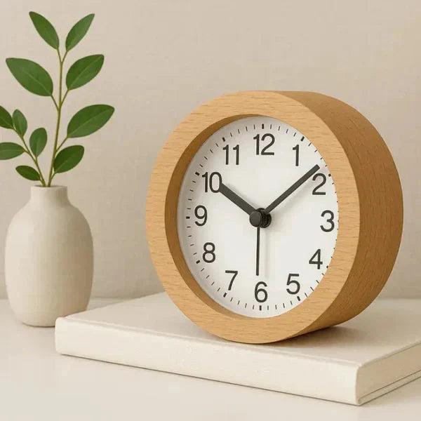 Analog Alarm Clock Silent Beech Wood LED Night Light