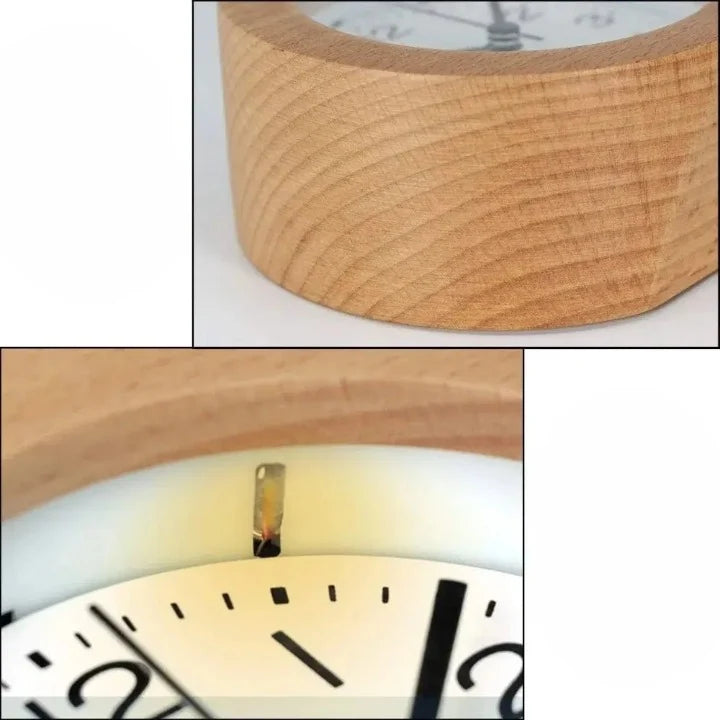 Analog Alarm Clock Silent Beech Wood LED Night Light