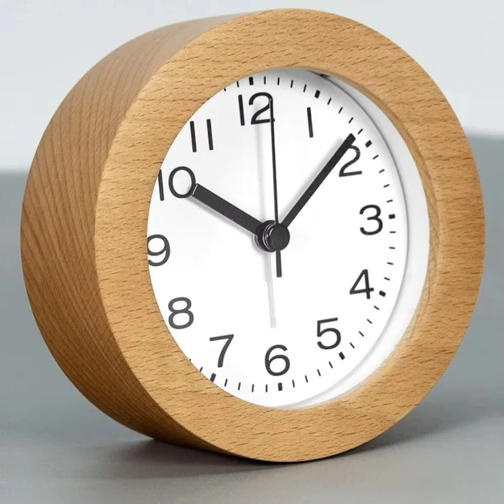 Analog Alarm Clock Silent Beech Wood LED Night Light
