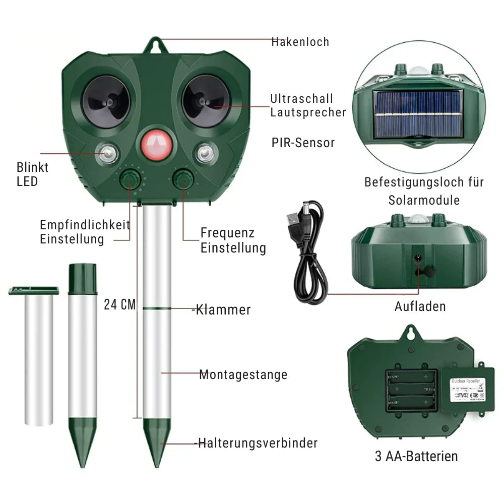 Animal Repeller Solar-Powered Ultrasonic 9m Range