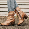 Ankle Boots Distressed Leather Block Heel & Side Zipper
