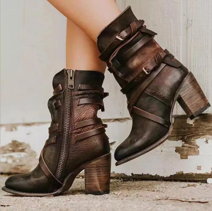 Ankle Boots Distressed Leather Block Heel & Side Zipper