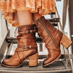 Ankle Boots Distressed Leather Block Heel & Side Zipper