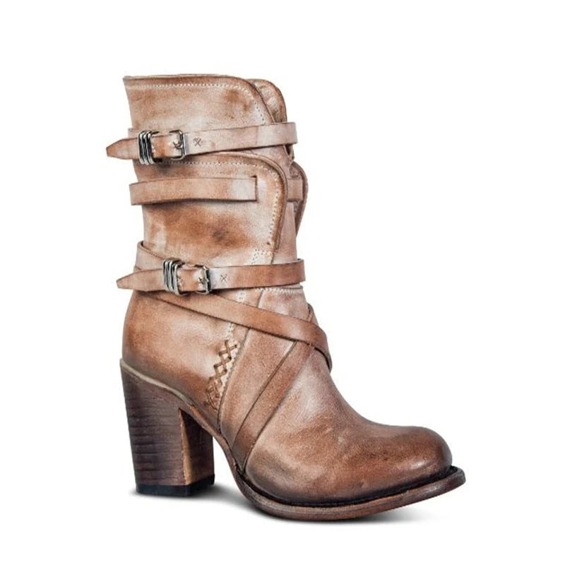 Ankle Boots Distressed Leather Block Heel & Side Zipper