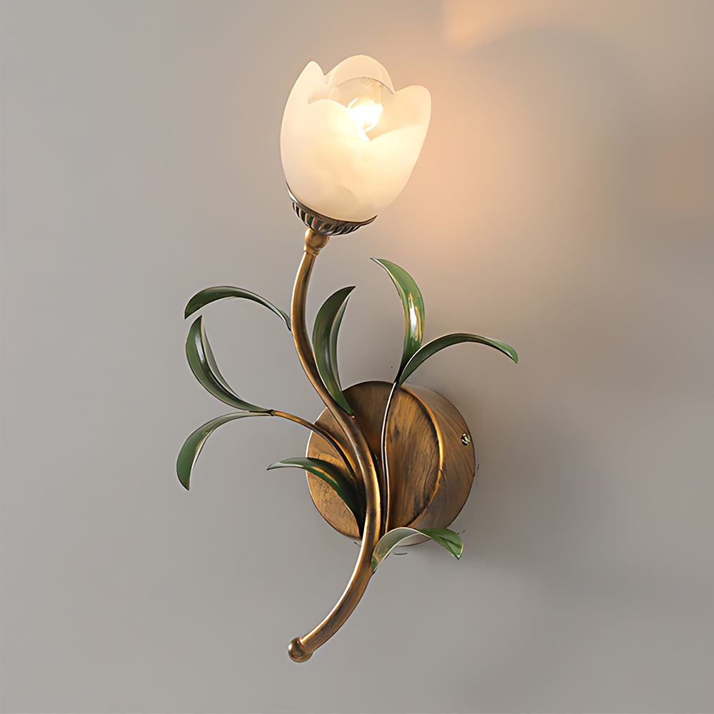 Antique Brass Floral Glass Wall Sconce (Hardwired)