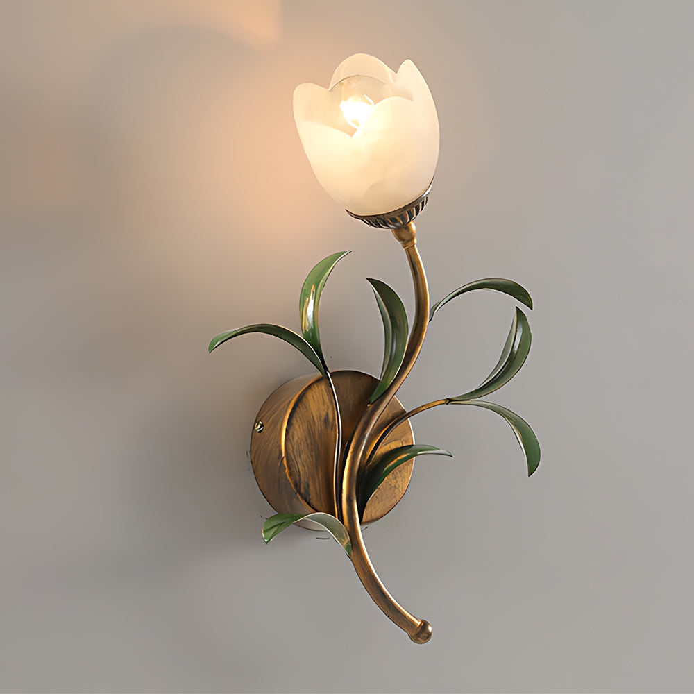 Antique Brass Floral Glass Wall Sconce (Hardwired)