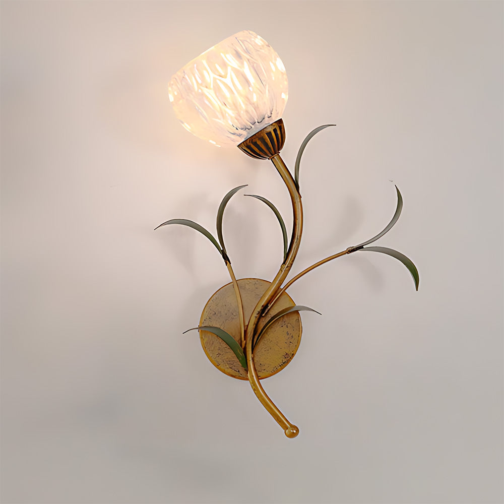 Antique Brass Floral Glass Wall Sconce (Hardwired)