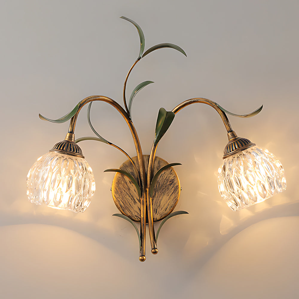 Antique Brass Floral Glass Wall Sconce (Hardwired)