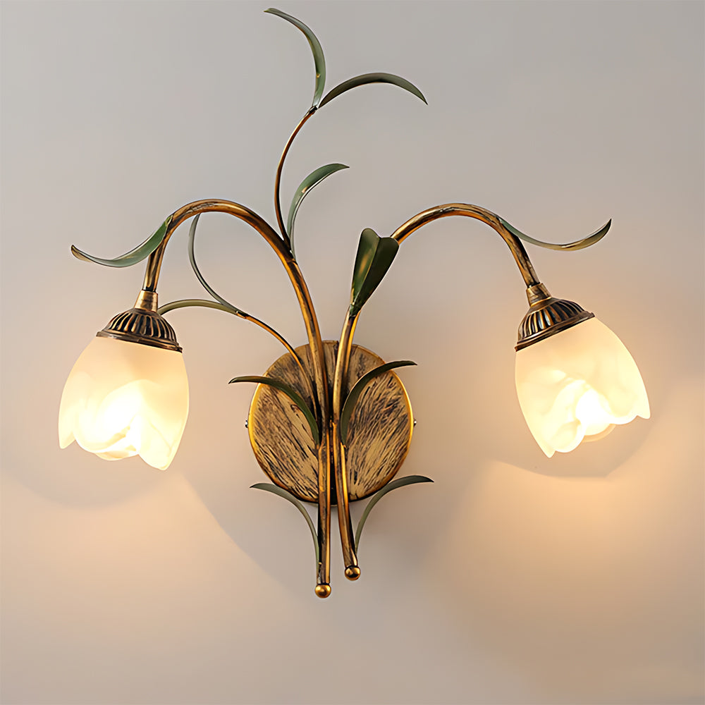 Antique Brass Floral Glass Wall Sconce (Hardwired)