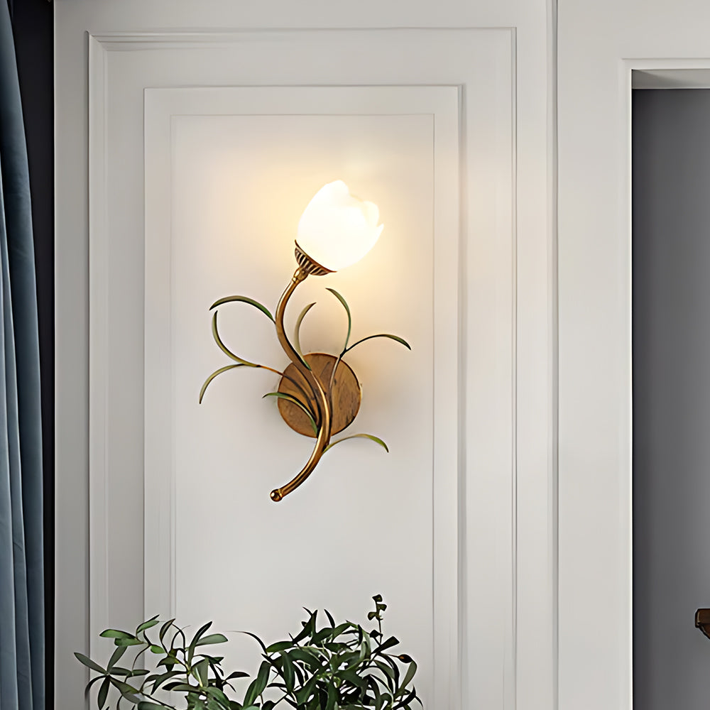 Antique Brass Floral Glass Wall Sconce (Hardwired)