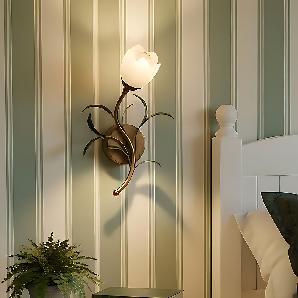Antique Brass Floral Glass Wall Sconce (Hardwired)