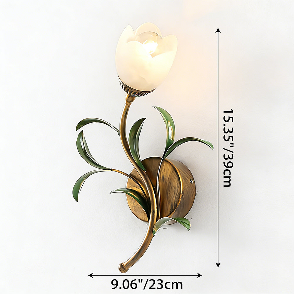 Antique Brass Floral Glass Wall Sconce (Hardwired)