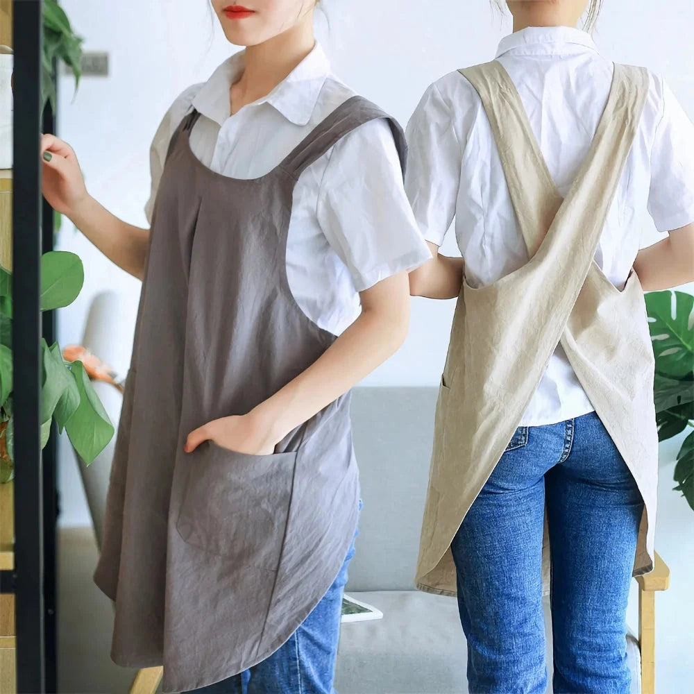 Apron Cross-Back Cotton-Linen Deep Pockets