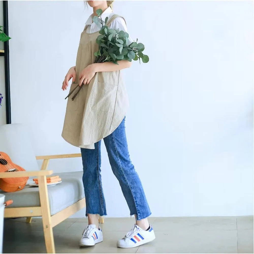 Apron Cross-Back Cotton-Linen Deep Pockets