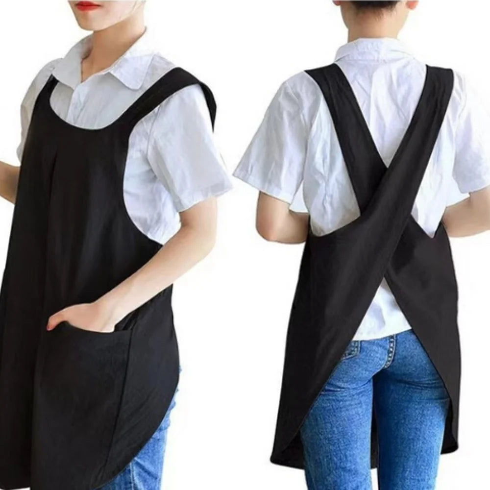 Apron Cross-Back Cotton-Linen Deep Pockets
