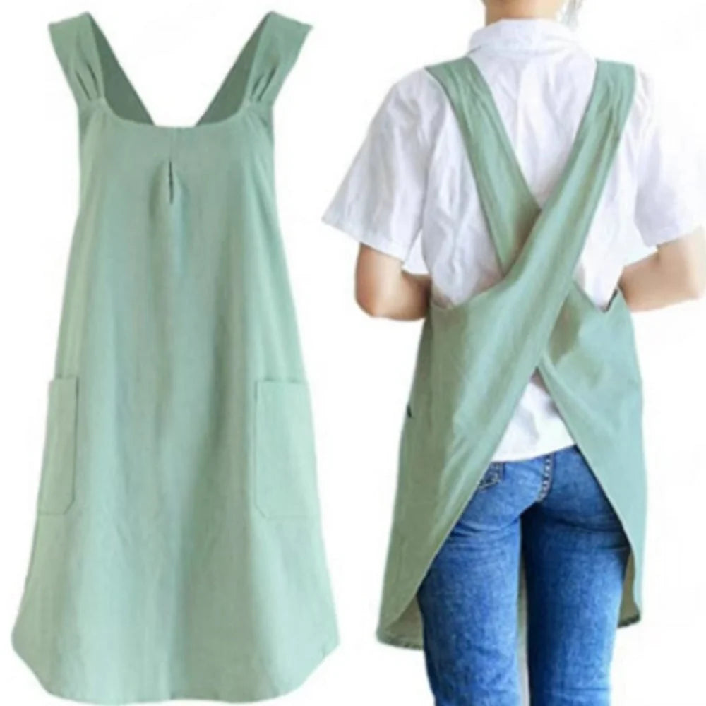 Apron Cross-Back Cotton-Linen Deep Pockets