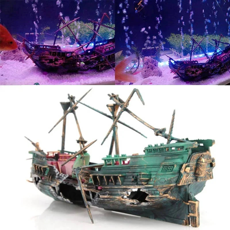 Aquarium Ornament Sunken Ship Air System & Swim Holes