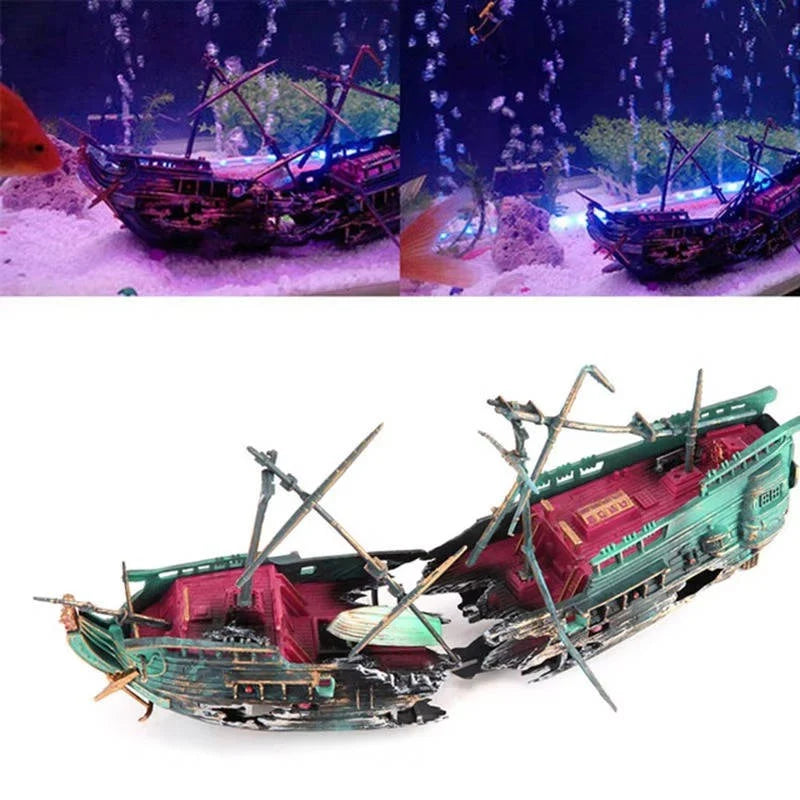 Aquarium Ornament Sunken Ship Air System & Swim Holes