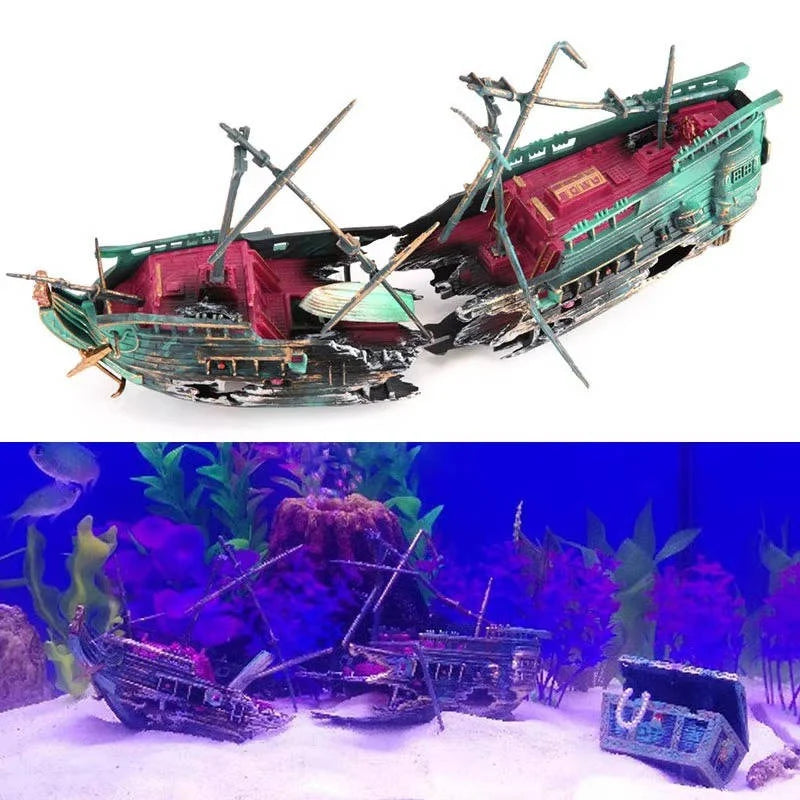Aquarium Ornament Sunken Ship Air System & Swim Holes