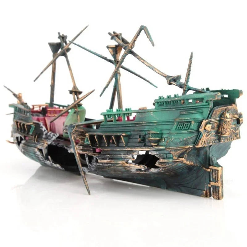 Aquarium Ornament Sunken Ship Air System & Swim Holes