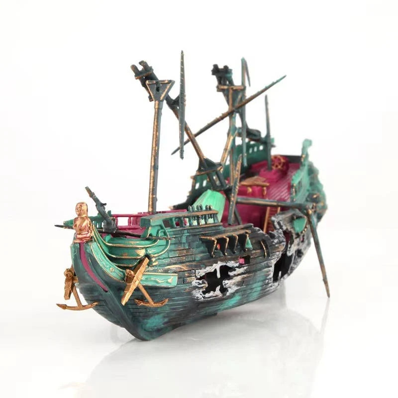 Aquarium Ornament Sunken Ship Air System & Swim Holes