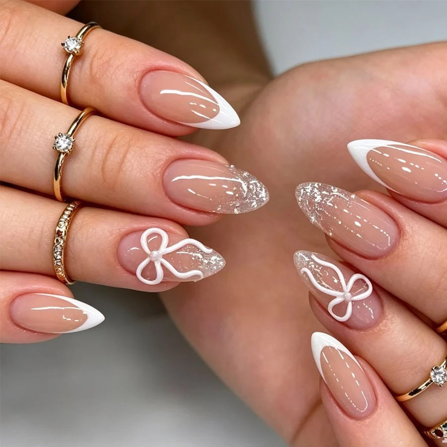 Artificial Nail Set Long-Lasting White Tips & Glitter