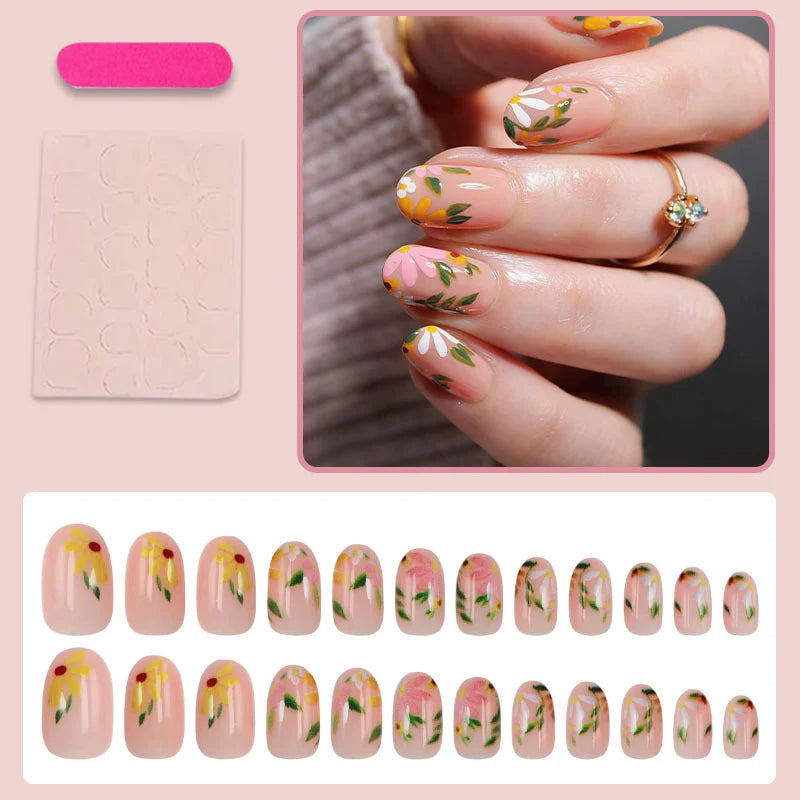 Artificial Nails Set Floral Press-On Easy Application