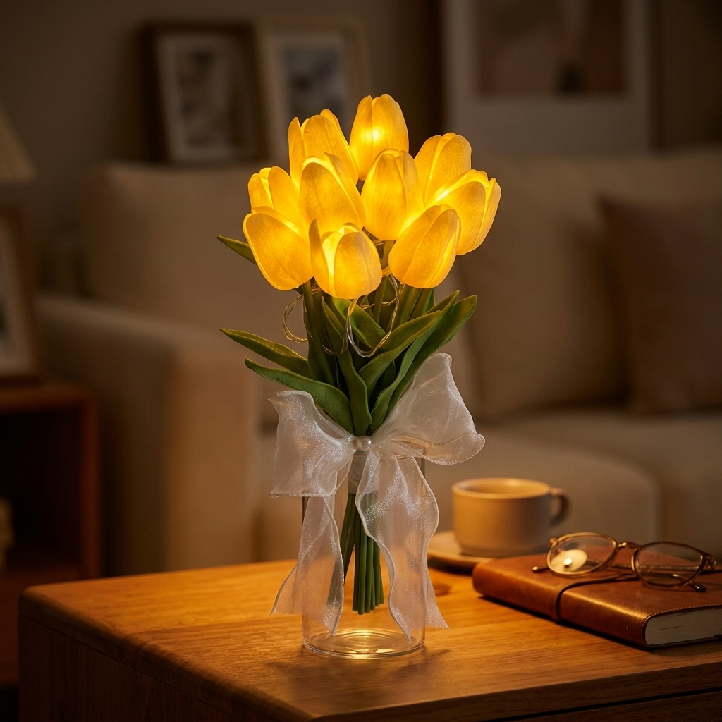 Artificial Tulip Bouquet Lifelike Felt Petals Battery-Operated LED Timer