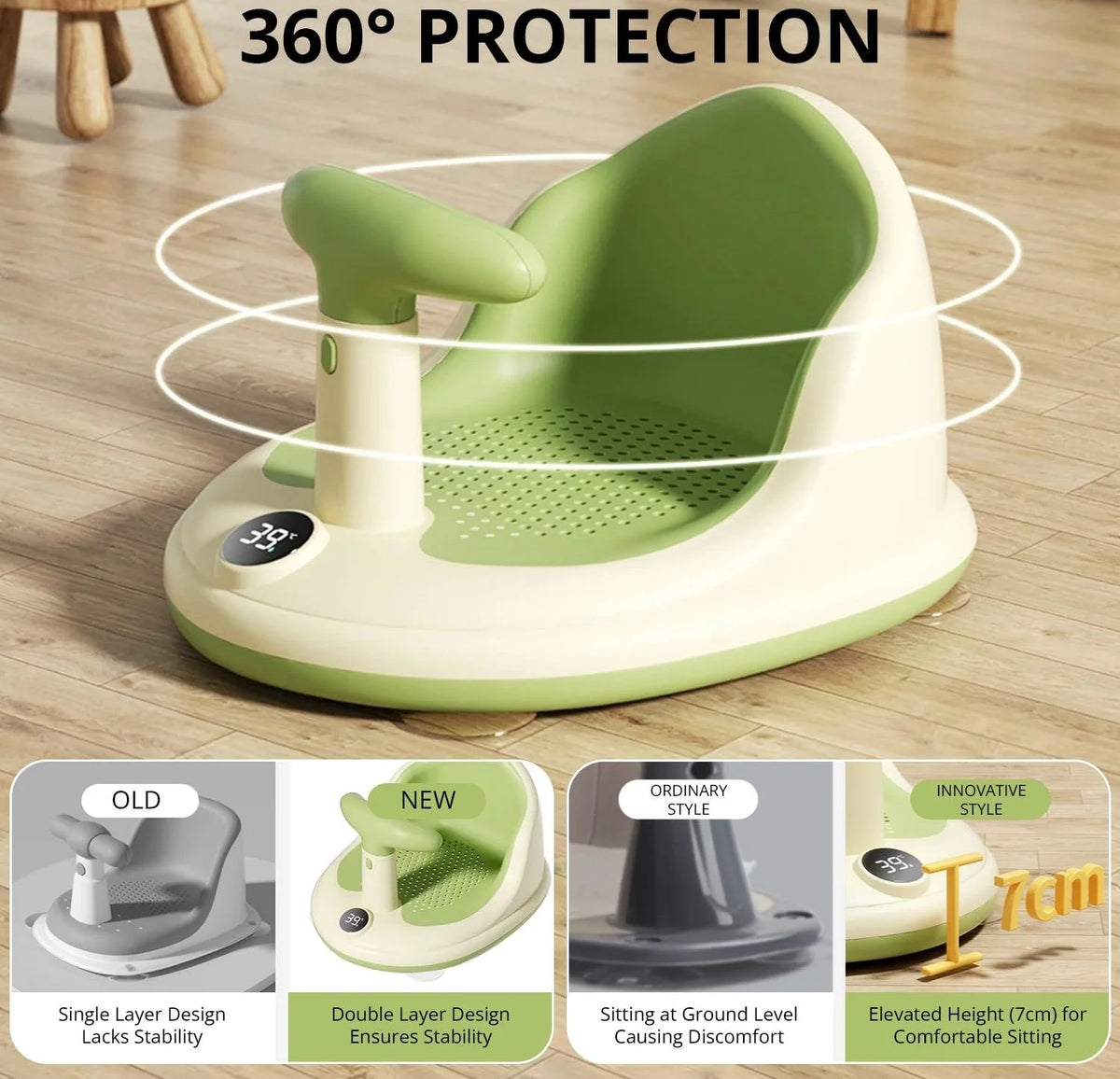 Baby Bath Seat Breathable Mesh Strong Suction Wireless Thermometer