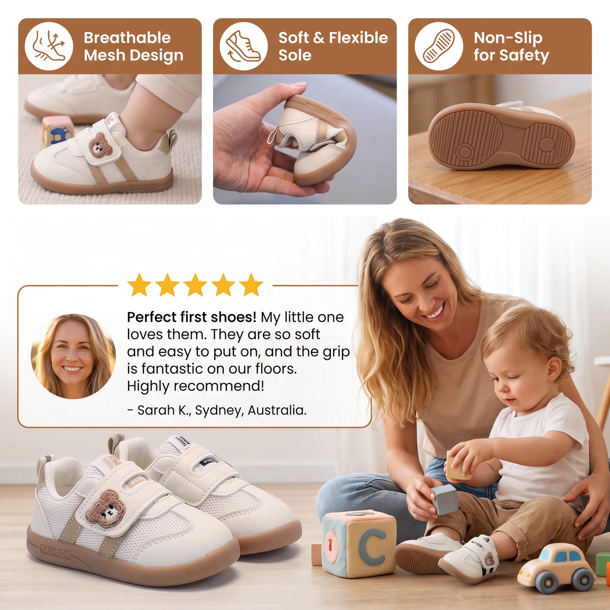 Baby First Walker Shoes Flexible Non-Slip Sole & Adjustable Closure