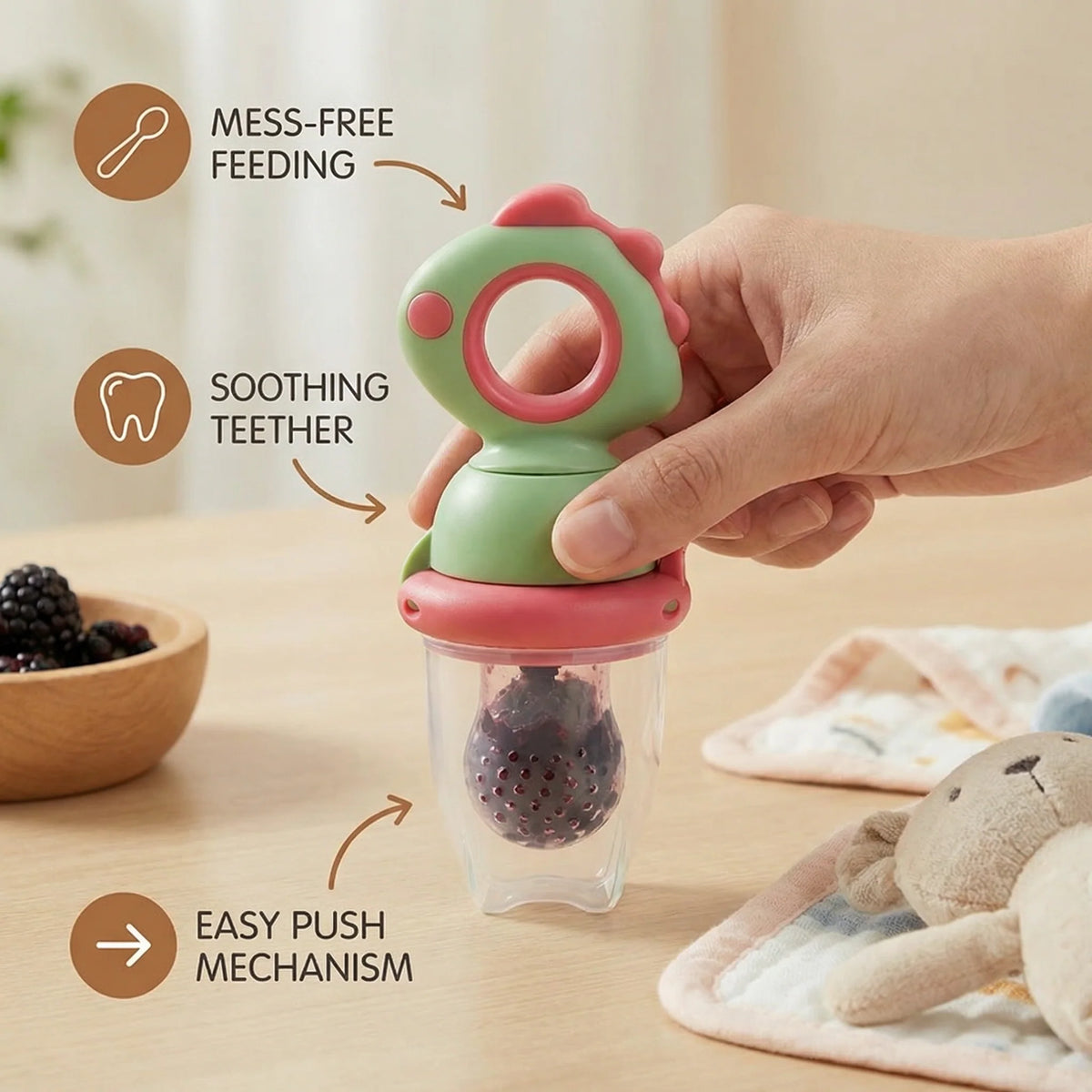 Baby Fruit Feeder Press Plunger Food-Grade Silicone Ergonomic Grip