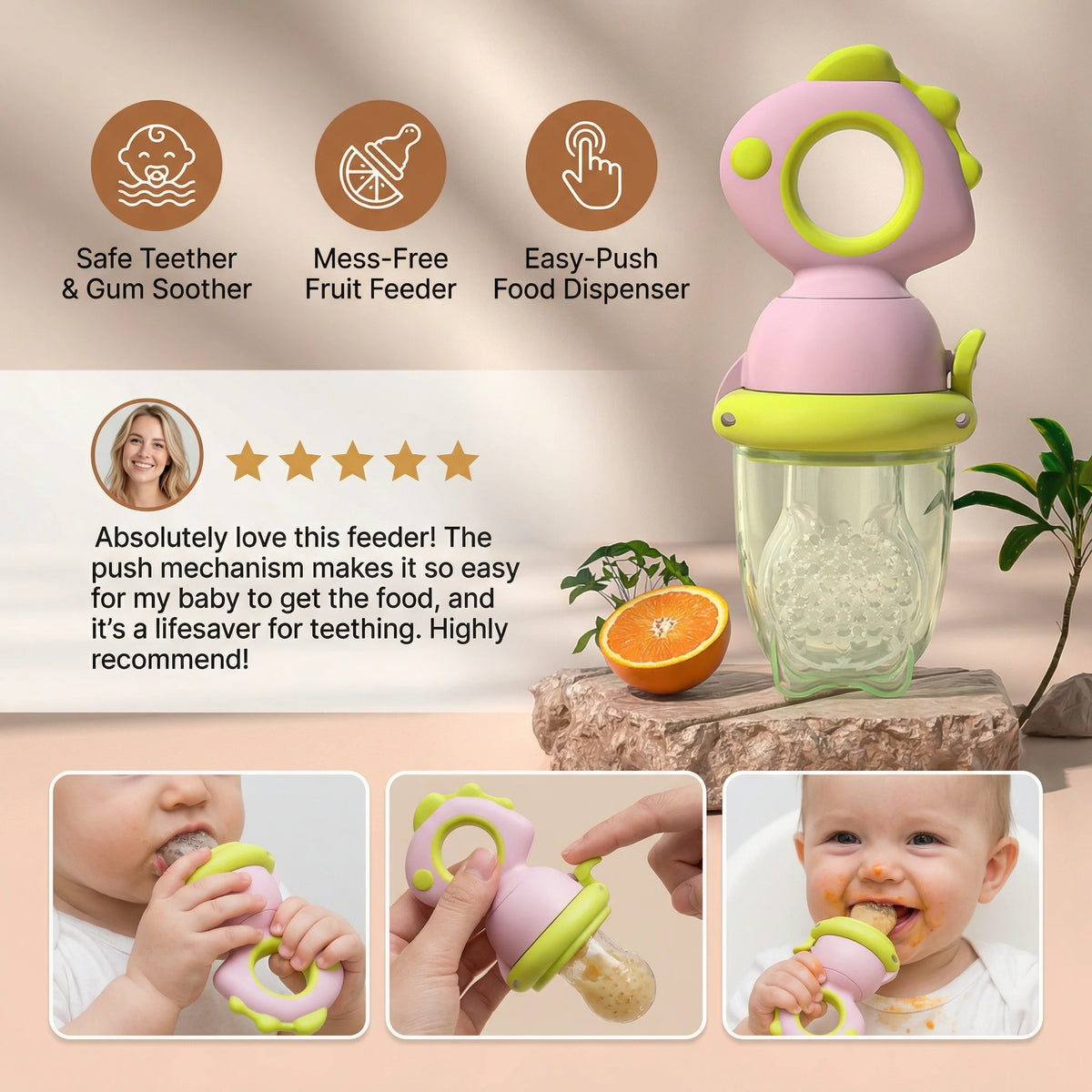 Baby Fruit Feeder Press Plunger Food-Grade Silicone Ergonomic Grip