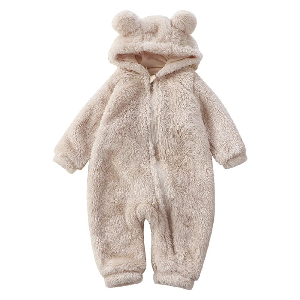 Baby Onesie Flannel Hooded Cartoon Bear Zip Closure