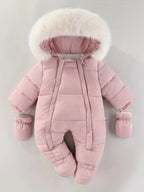 Baby Quilted Romper Faux Fur Hood & Hand Warmers