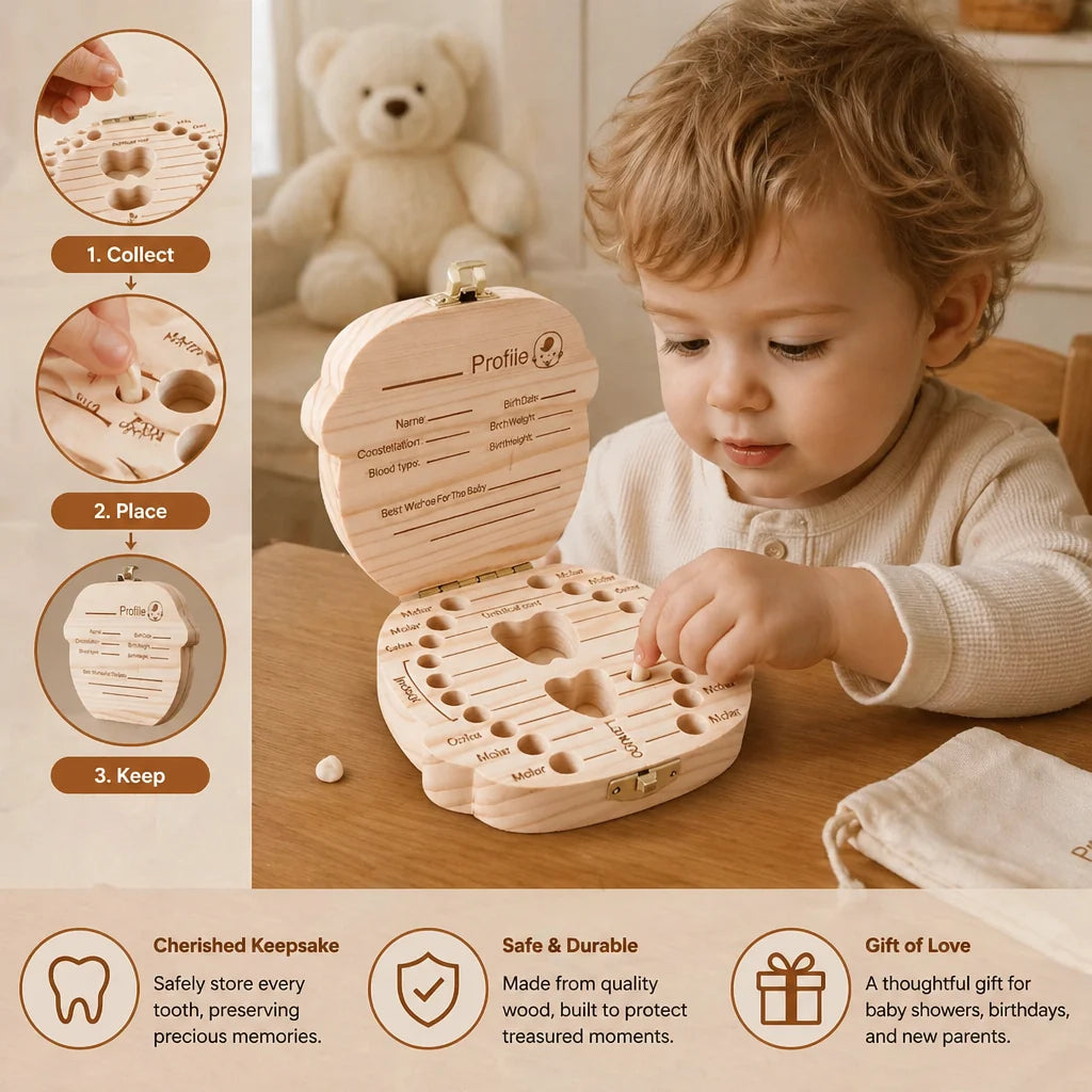 Baby Tooth Keepsake Box Solid Wood Individual Compartments