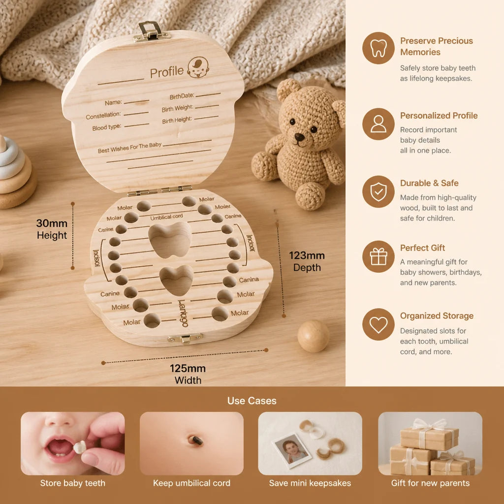 Baby Tooth Keepsake Box Solid Wood Individual Compartments