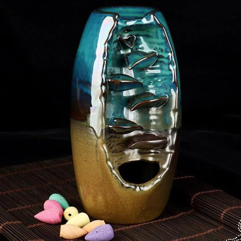 Backflow Incense Burner Handmade Ceramic Mountain River 50 Cones
