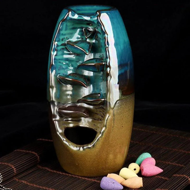 Backflow Incense Burner Handmade Ceramic Mountain River 50 Cones