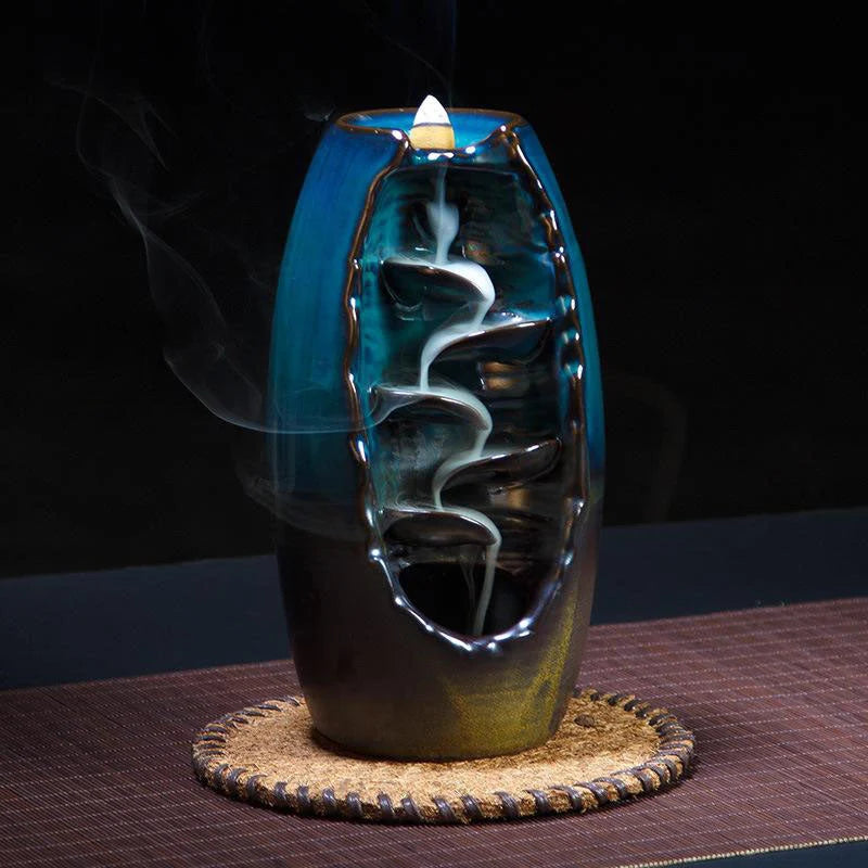 Backflow Incense Burner Handmade Ceramic Mountain River 50 Cones