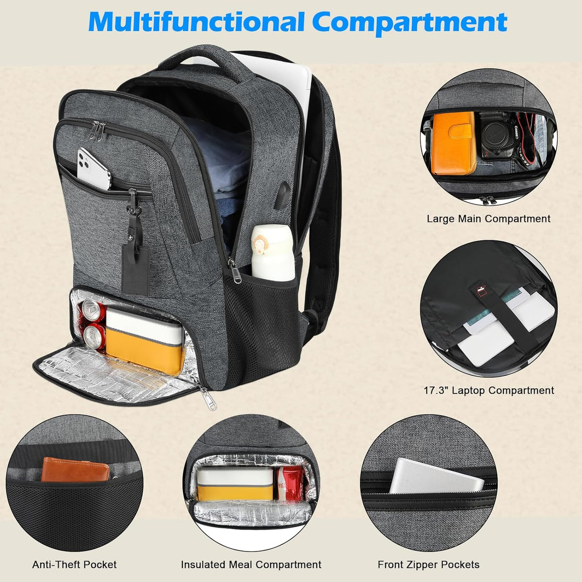 Backpack Insulated Lunch Compartment USB Charging TSA Friendly