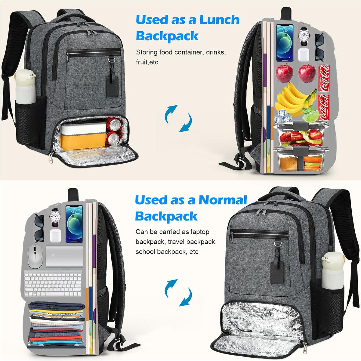 Backpack Insulated Lunch Compartment USB Charging TSA Friendly